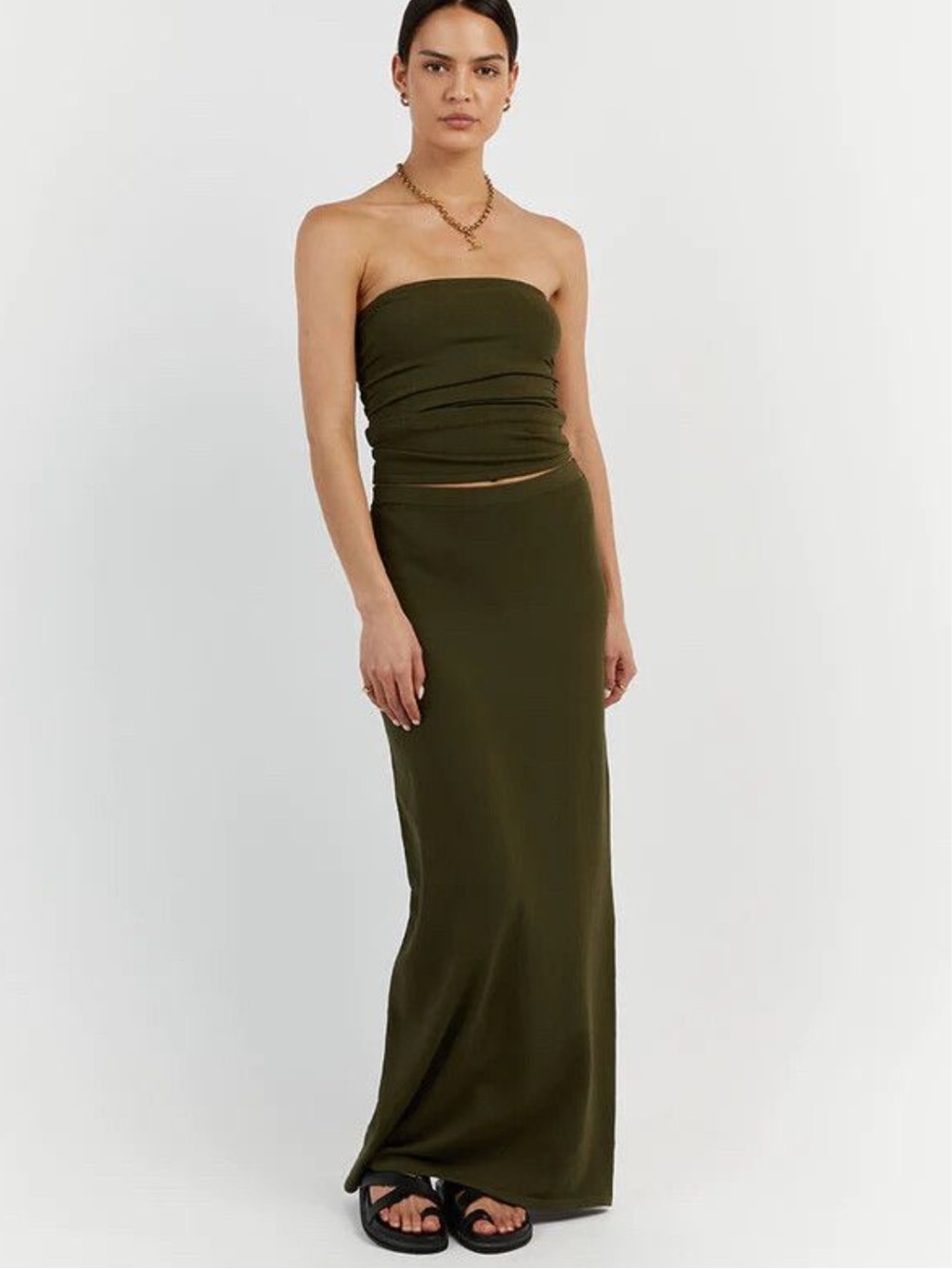 Dissh Carrie Olive Knit Top And Maxi Skirt Set Size XS